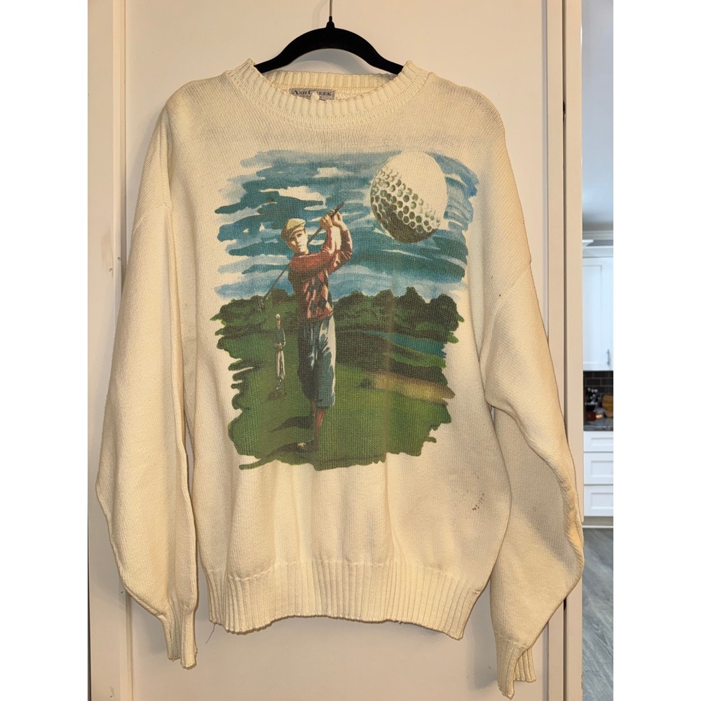 Ash Creek Trading Mens Large vintage  Cotton Golf Graphic Intarsia Knit Sweater